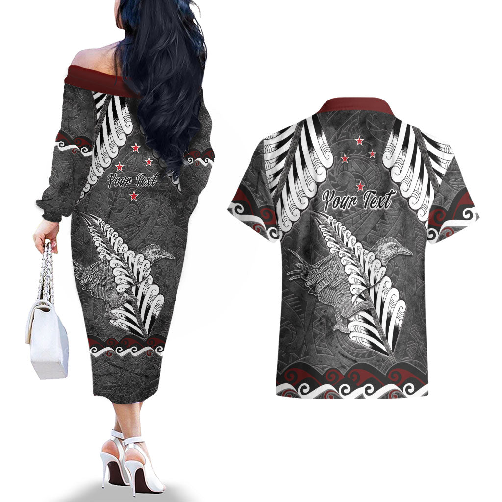 New Zealand Weka Personalised Couples Matching Off The Shoulder Long Sleeve Dress and Hawaiian Shirt Aotearoa Hen Silver Fern Maori Pattern