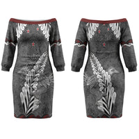 New Zealand Weka Personalised Couples Matching Off The Shoulder Long Sleeve Dress and Hawaiian Shirt Aotearoa Hen Silver Fern Maori Pattern LT22 - Polynesian Pride