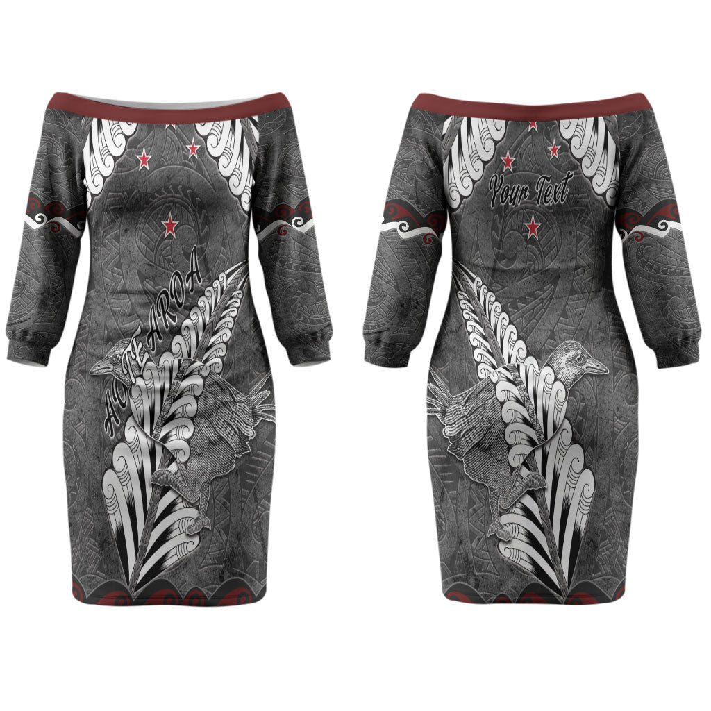 New Zealand Weka Personalised Couples Matching Off The Shoulder Long Sleeve Dress and Long Sleeve Button Shirt Aotearoa Hen Silver Fern Maori Pattern LT22 - Polynesian Pride