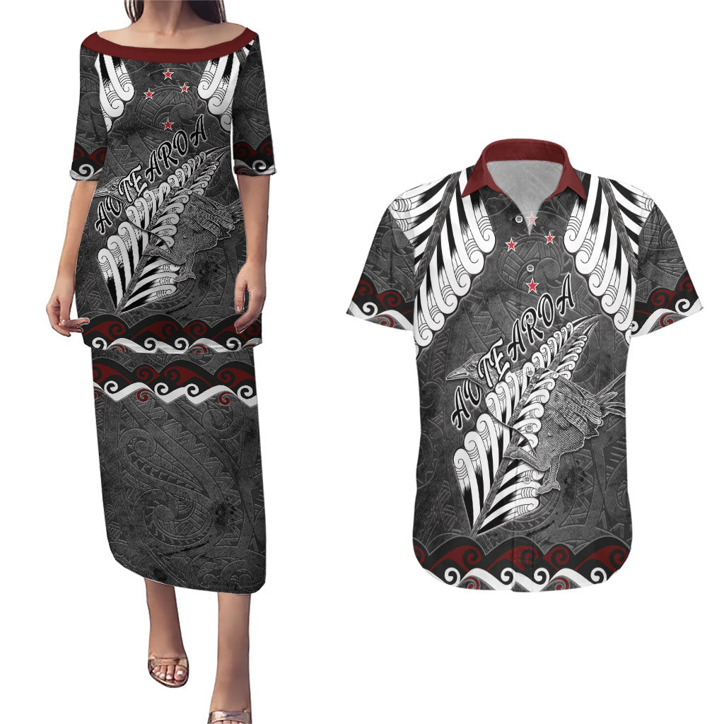 New Zealand Weka Personalised Couples Matching Puletasi and Hawaiian Shirt Aotearoa Hen Silver Fern Maori Pattern LT22 Black - Polynesian Pride