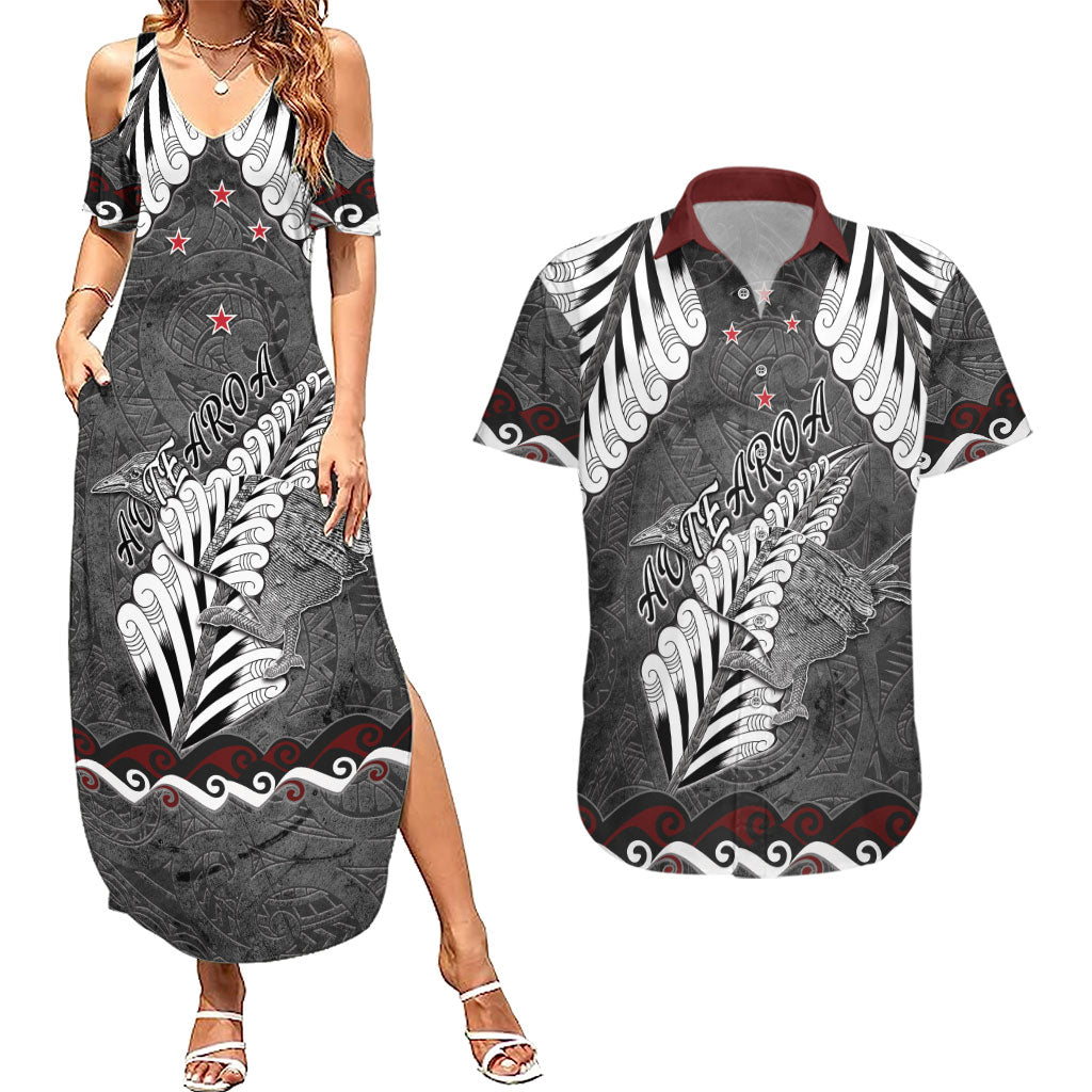 New Zealand Weka Personalised Couples Matching Summer Maxi Dress and Hawaiian Shirt Aotearoa Hen Silver Fern Maori Pattern LT22 Black - Polynesian Pride