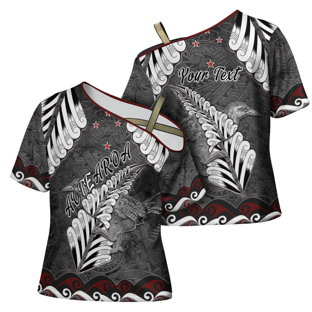 New Zealand Weka Personalised Cross Shoulder Shirt Aotearoa Hen Silver Fern Maori Pattern