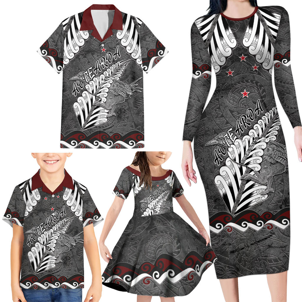 New Zealand Weka Personalised Family Matching Long Sleeve Bodycon Dress and Hawaiian Shirt Aotearoa Hen Silver Fern Maori Pattern LT22 - Polynesian Pride
