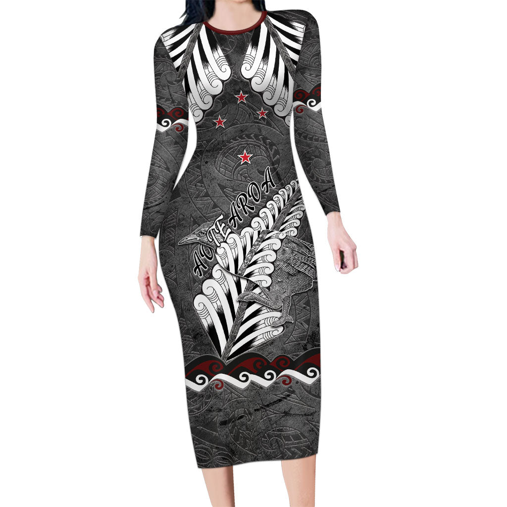New Zealand Weka Personalised Family Matching Long Sleeve Bodycon Dress and Hawaiian Shirt Aotearoa Hen Silver Fern Maori Pattern