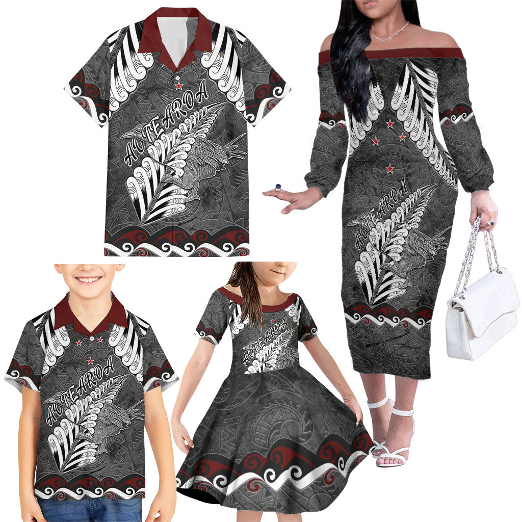 New Zealand Weka Personalised Family Matching Off The Shoulder Long Sleeve Dress and Hawaiian Shirt Aotearoa Hen Silver Fern Maori Pattern LT22 - Polynesian Pride