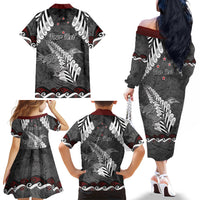 New Zealand Weka Personalised Family Matching Off The Shoulder Long Sleeve Dress and Hawaiian Shirt Aotearoa Hen Silver Fern Maori Pattern