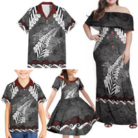 New Zealand Weka Personalised Family Matching Off Shoulder Maxi Dress and Hawaiian Shirt Aotearoa Hen Silver Fern Maori Pattern
