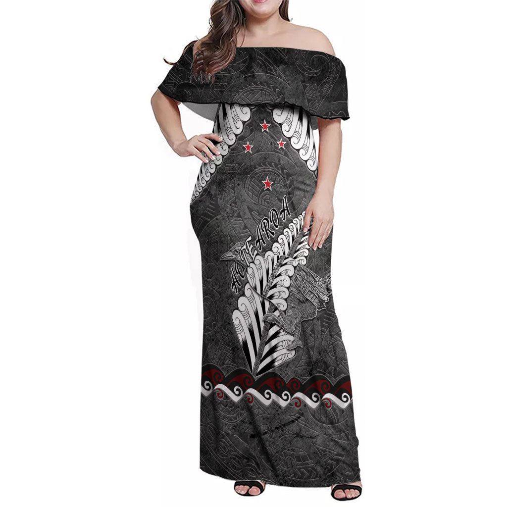 New Zealand Weka Personalised Family Matching Off Shoulder Maxi Dress and Hawaiian Shirt Aotearoa Hen Silver Fern Maori Pattern