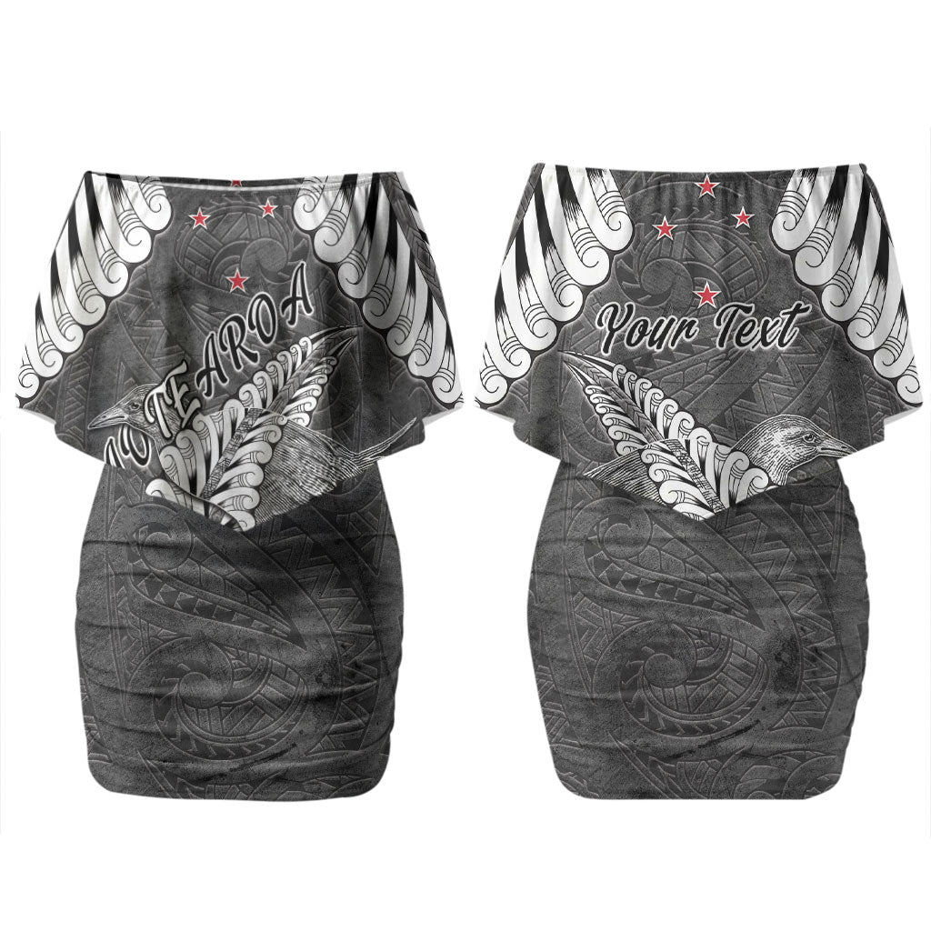 New Zealand Weka Personalised Family Matching Off Shoulder Short Dress and Hawaiian Shirt Aotearoa Hen Silver Fern Maori Pattern LT22 Mom's Dress Black - Polynesian Pride