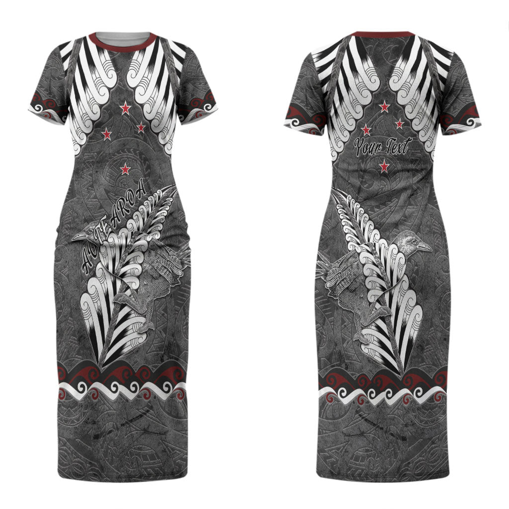 New Zealand Weka Personalised Family Matching Short Sleeve Bodycon Dress and Hawaiian Shirt Aotearoa Hen Silver Fern Maori Pattern LT22 Mom's Dress Black - Polynesian Pride
