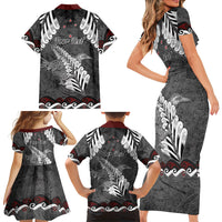 New Zealand Weka Personalised Family Matching Short Sleeve Bodycon Dress and Hawaiian Shirt Aotearoa Hen Silver Fern Maori Pattern LT22 Mom's Dress Black - Polynesian Pride