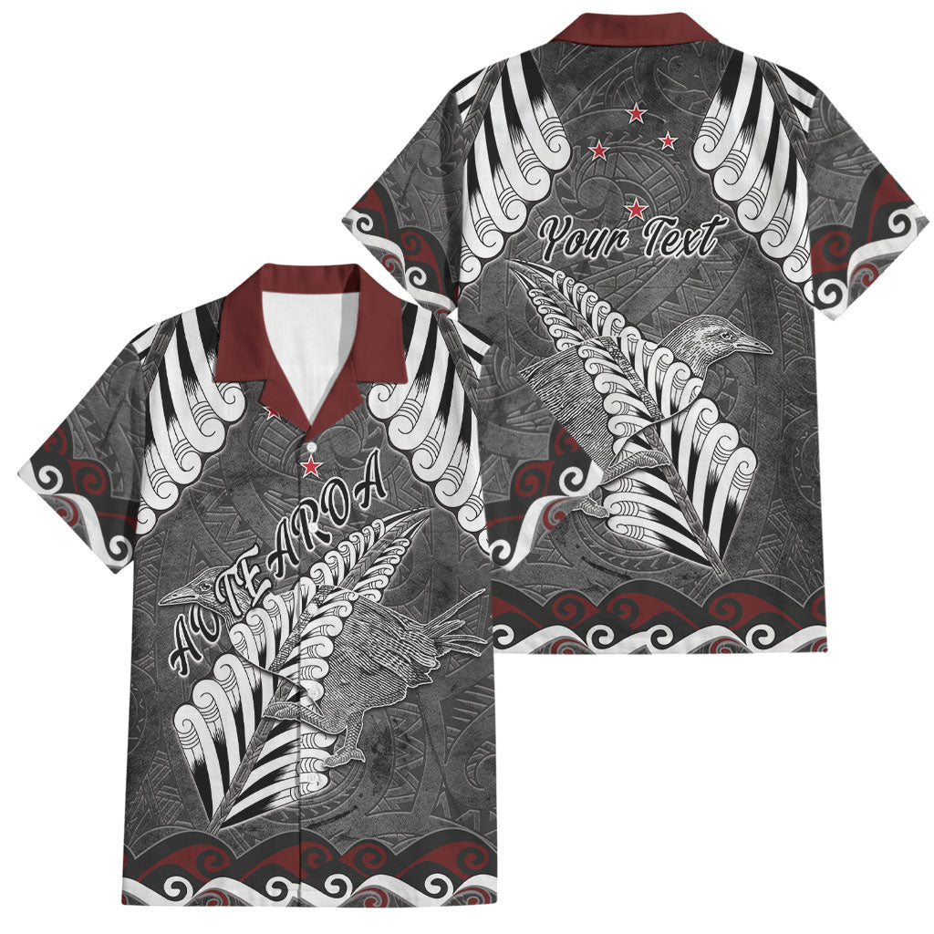 New Zealand Weka Personalised Family Matching Short Sleeve Bodycon Dress and Hawaiian Shirt Aotearoa Hen Silver Fern Maori Pattern LT22 Dad's Shirt - Short Sleeve Black - Polynesian Pride