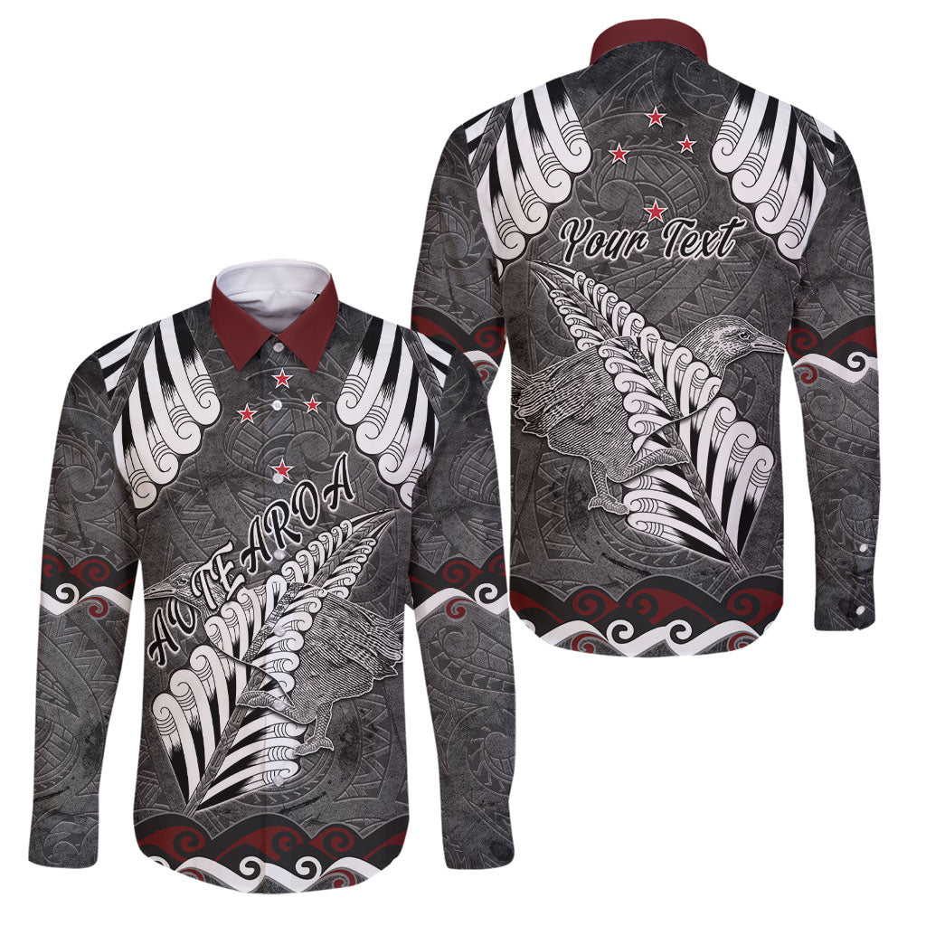 New Zealand Weka Personalised Family Matching Short Sleeve Bodycon Dress and Hawaiian Shirt Aotearoa Hen Silver Fern Maori Pattern LT22 Dad's Shirt - Long Sleeve Black - Polynesian Pride
