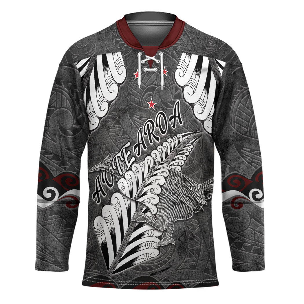 New Zealand Weka Personalised Hockey Jersey Aotearoa Hen Silver Fern Maori Pattern LT22 Unisex Black - Polynesian Pride