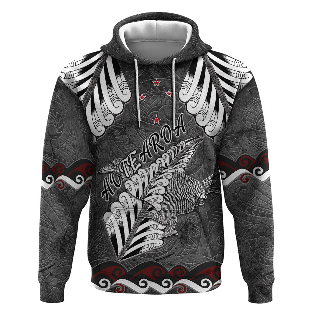 New Zealand Weka Personalised Hoodie Aotearoa Hen Silver Fern Maori Pattern LT22 Pullover Hoodie Black - Polynesian Pride