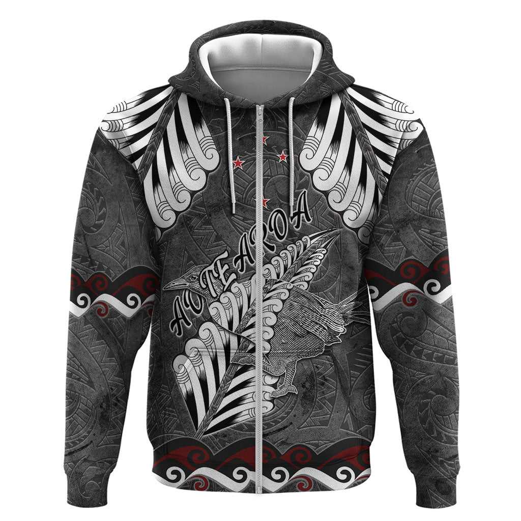 New Zealand Weka Personalised Hoodie Aotearoa Hen Silver Fern Maori Pattern LT22 Zip Hoodie Black - Polynesian Pride