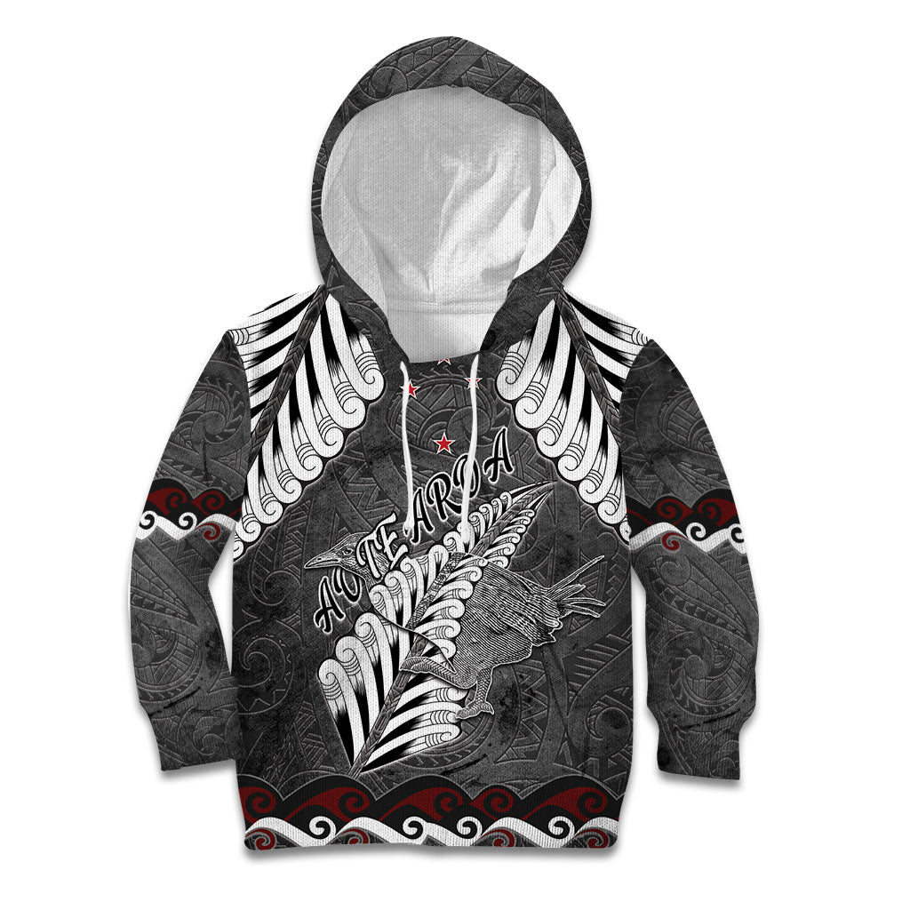New Zealand Weka Personalised Kid Hoodie Aotearoa Hen Silver Fern Maori Pattern LT22 Hoodie Black - Polynesian Pride