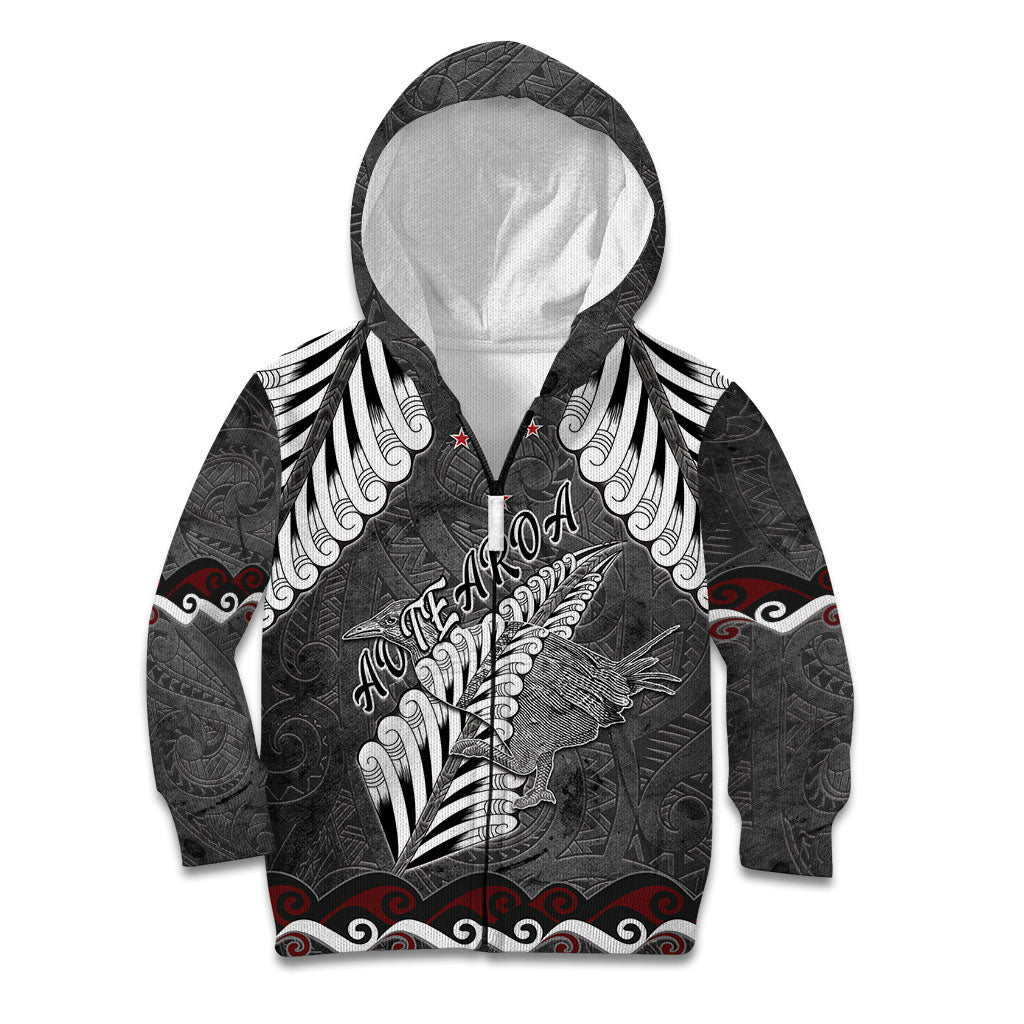 New Zealand Weka Personalised Kid Hoodie Aotearoa Hen Silver Fern Maori Pattern LT22 Zip Hoodie Black - Polynesian Pride