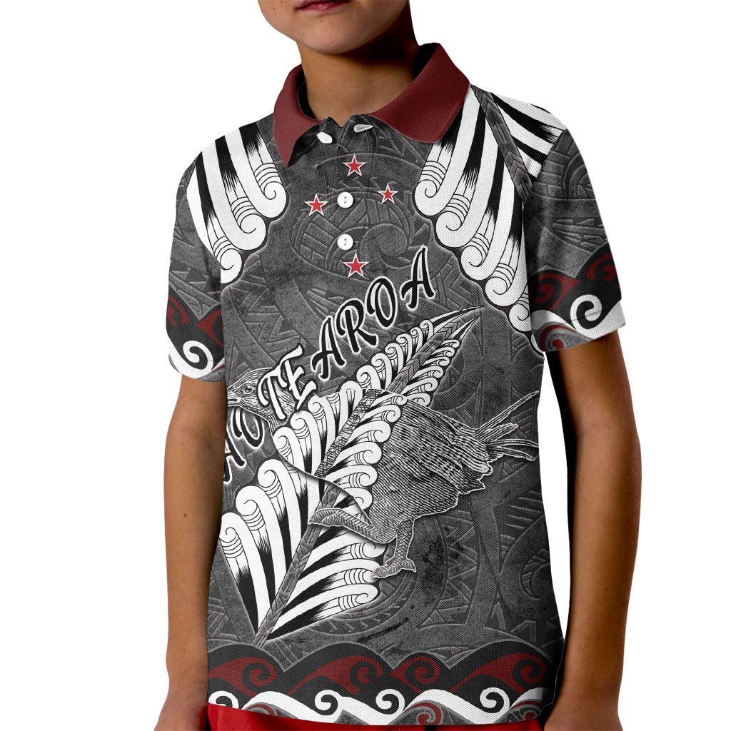 New Zealand Weka Personalised Kid Polo Shirt Aotearoa Hen Silver Fern Maori Pattern LT22 Kid Black - Polynesian Pride