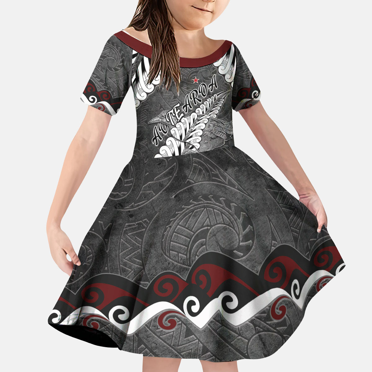 New Zealand Weka Personalised Kid Short Sleeve Dress Aotearoa Hen Silver Fern Maori Pattern LT22 KID Black - Polynesian Pride