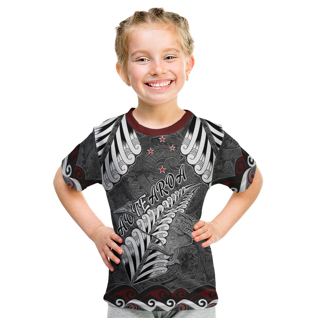 New Zealand Weka Personalised Kid T Shirt Aotearoa Hen Silver Fern Maori Pattern LT22 Black - Polynesian Pride