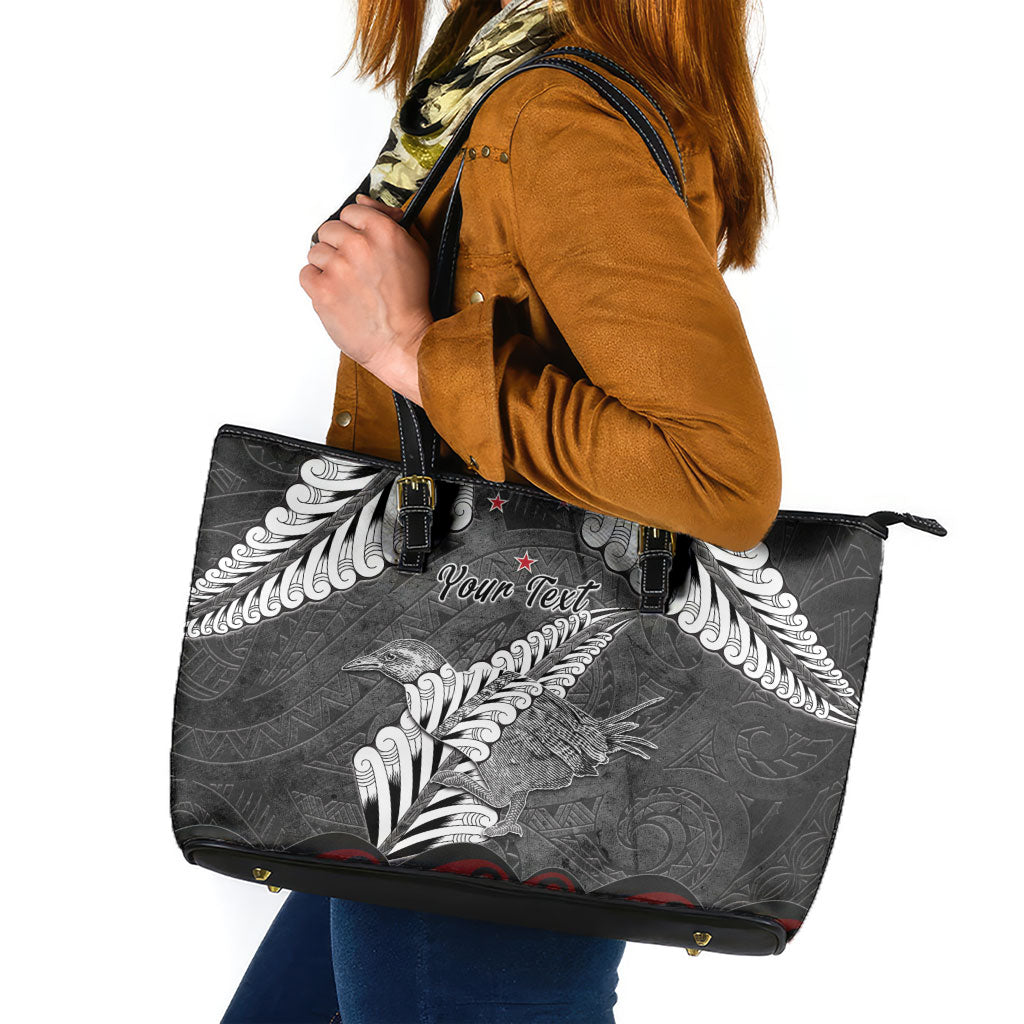 New Zealand Weka Personalised Leather Tote Bag Aotearoa Hen Silver Fern Maori Pattern LT22 Black - Polynesian Pride