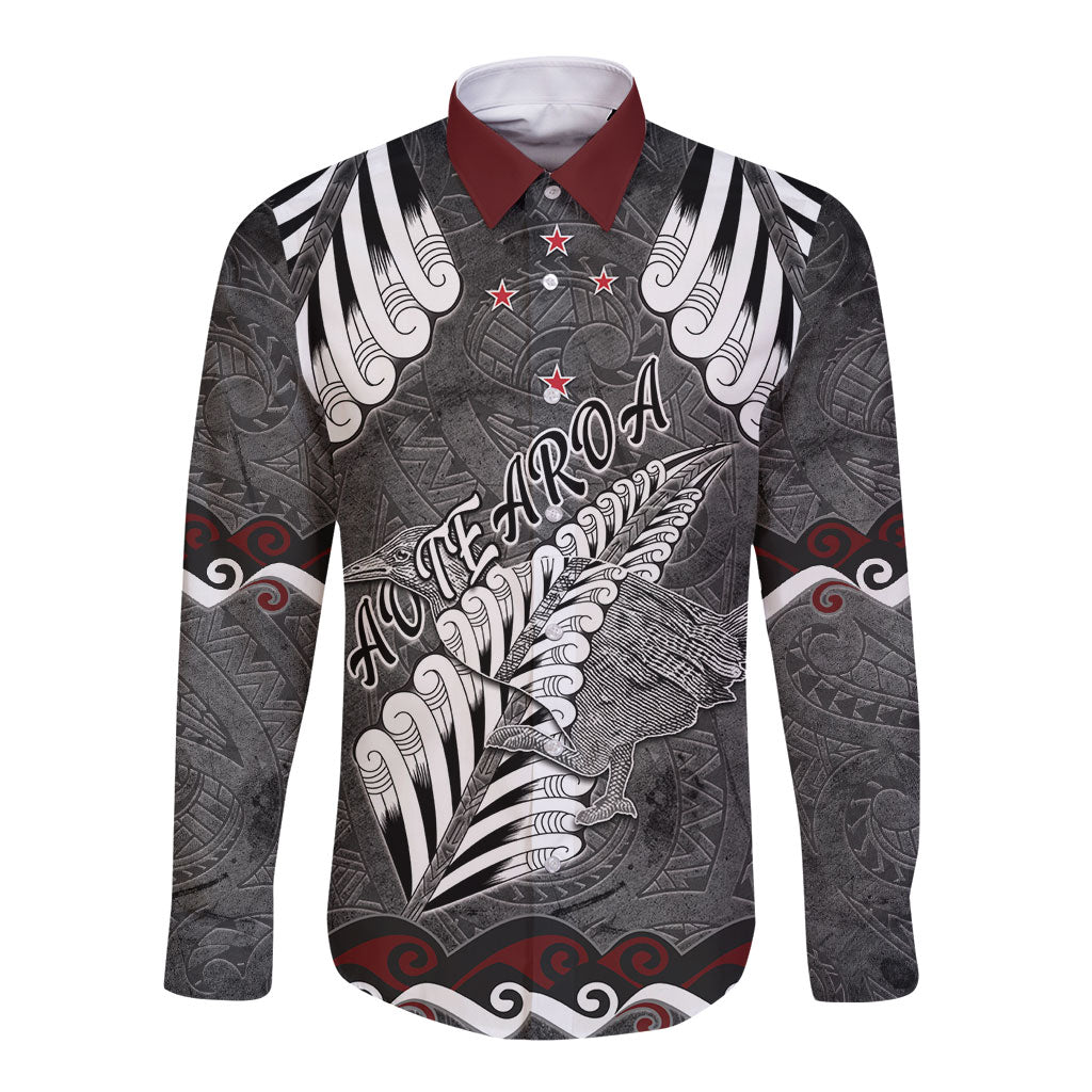 New Zealand Weka Personalised Long Sleeve Button Shirt Aotearoa Hen Silver Fern Maori Pattern LT22 Unisex Black - Polynesian Pride