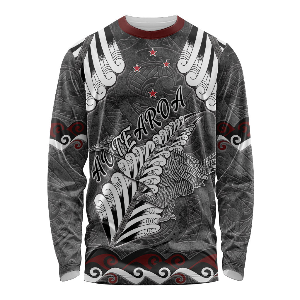 New Zealand Weka Personalised Long Sleeve Shirt Aotearoa Hen Silver Fern Maori Pattern LT22 Unisex Black - Polynesian Pride