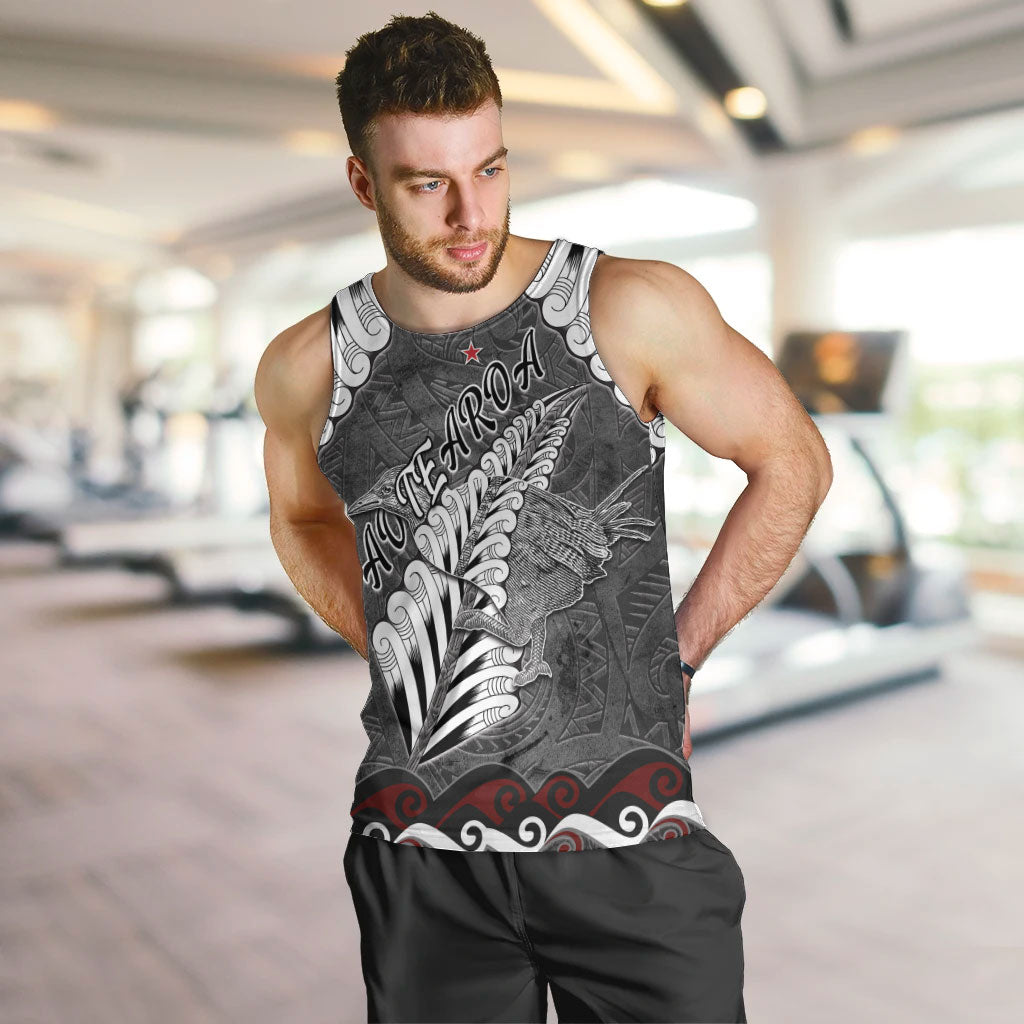 New Zealand Weka Personalised Men Tank Top Aotearoa Hen Silver Fern Maori Pattern LT22 Black - Polynesian Pride