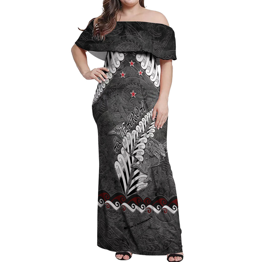 New Zealand Weka Personalised Off Shoulder Maxi Dress Aotearoa Hen Silver Fern Maori Pattern LT22 Women Black - Polynesian Pride