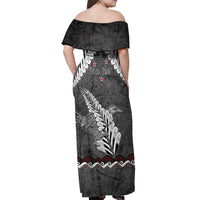 New Zealand Weka Personalised Off Shoulder Maxi Dress Aotearoa Hen Silver Fern Maori Pattern