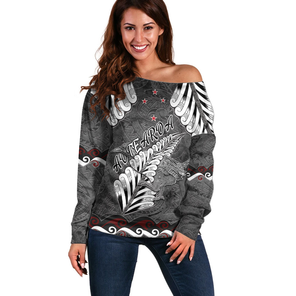 New Zealand Weka Personalised Off Shoulder Sweater Aotearoa Hen Silver Fern Maori Pattern LT22 Women Black - Polynesian Pride