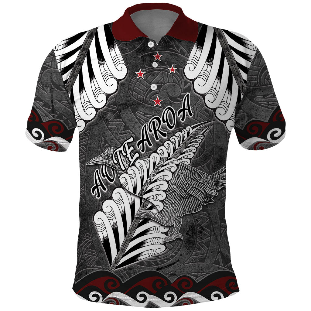 New Zealand Weka Personalised Polo Shirt Aotearoa Hen Silver Fern Maori Pattern LT22 Black - Polynesian Pride