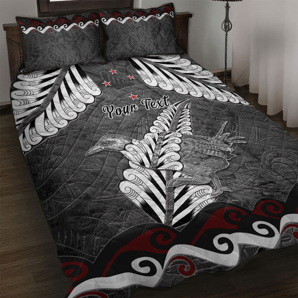 New Zealand Weka Personalised Quilt Bed Set Aotearoa Hen Silver Fern Maori Pattern LT22 Black - Polynesian Pride