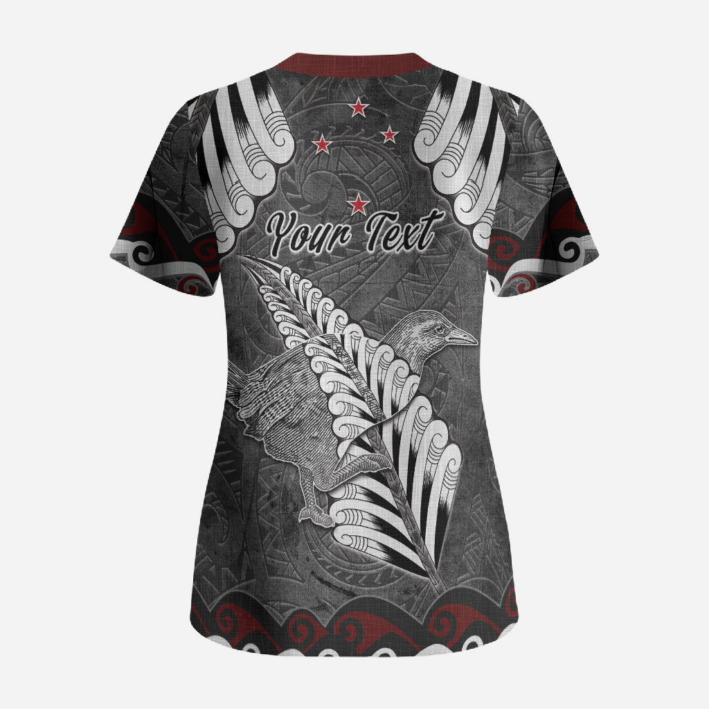 New Zealand Weka Personalised Scrub Top Aotearoa Hen Silver Fern Maori Pattern