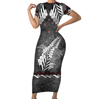 New Zealand Weka Personalised Short Sleeve Bodycon Dress Aotearoa Hen Silver Fern Maori Pattern