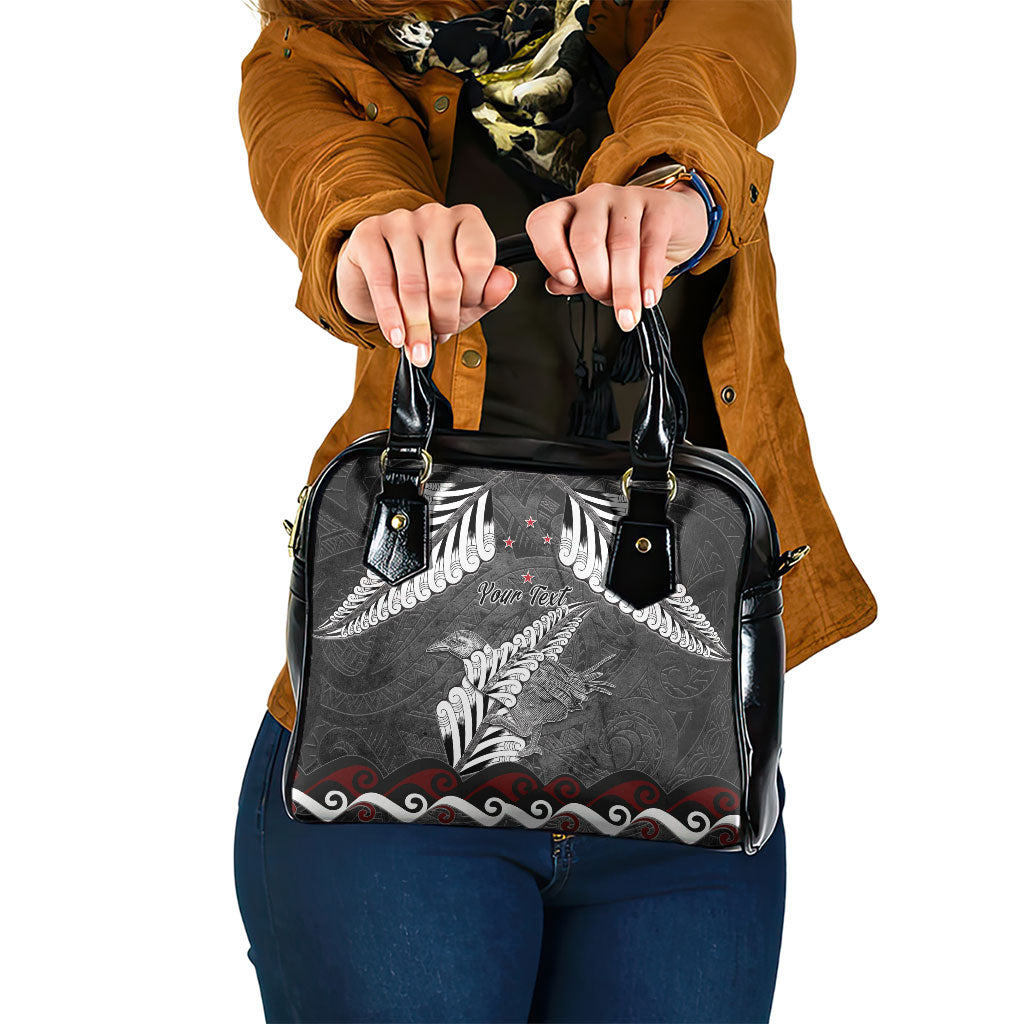 New Zealand Weka Personalised Shoulder Handbag Aotearoa Hen Silver Fern Maori Pattern LT22 One Size Black - Polynesian Pride