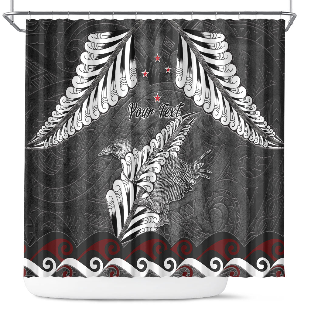 New Zealand Weka Personalised Shower Curtain Aotearoa Hen Silver Fern Maori Pattern LT22 Black - Polynesian Pride
