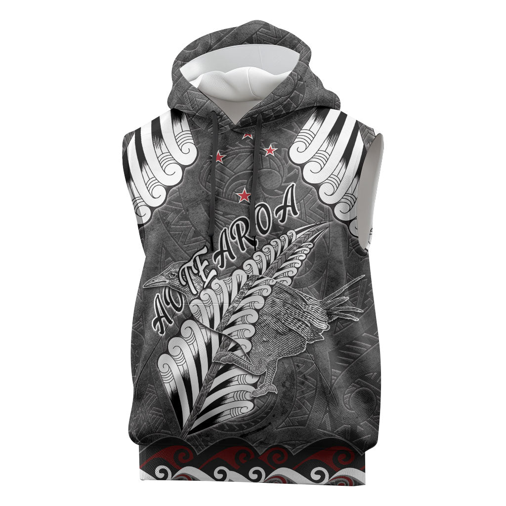 New Zealand Weka Personalised Sleeveless Hoodie Aotearoa Hen Silver Fern Maori Pattern LT22 Black - Polynesian Pride