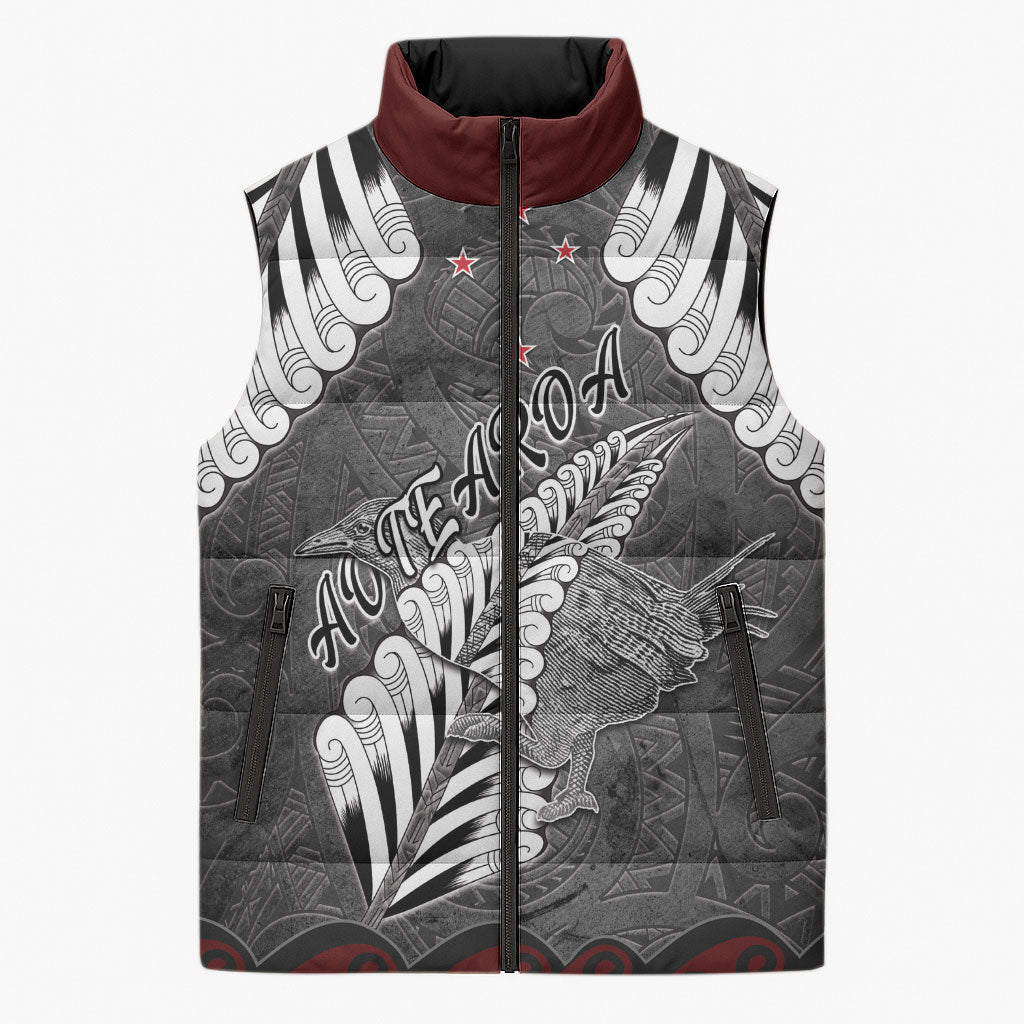 New Zealand Weka Personalised Sleeveless Puffer Jacket Aotearoa Hen Silver Fern Maori Pattern