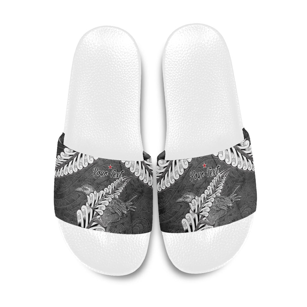 New Zealand Weka Personalised Slide Sandals Aotearoa Hen Silver Fern Maori Pattern