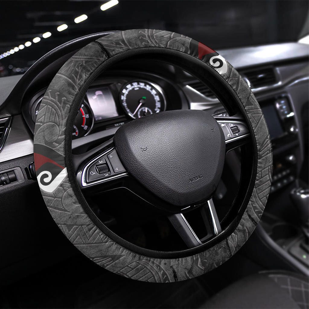 New Zealand Weka Steering Wheel Cover Aotearoa Hen Silver Fern Maori Pattern LT22 Universal Fit Black - Polynesian Pride