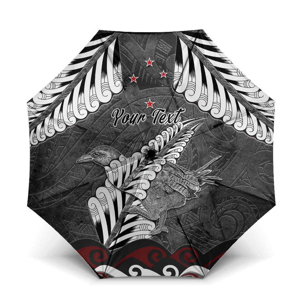 New Zealand Weka Personalised Umbrella Aotearoa Hen Silver Fern Maori Pattern LT22 One Size Folded 11.42 inch Opened Diameter 37.4 inch Black - Polynesian Pride
