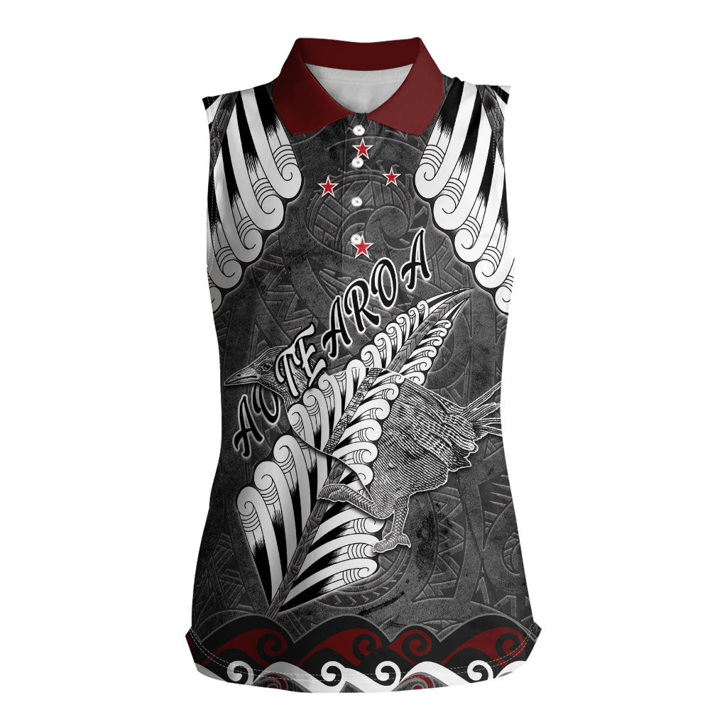 New Zealand Weka Personalised Women Sleeveless Polo Shirt Aotearoa Hen Silver Fern Maori Pattern LT22 Female Black - Polynesian Pride