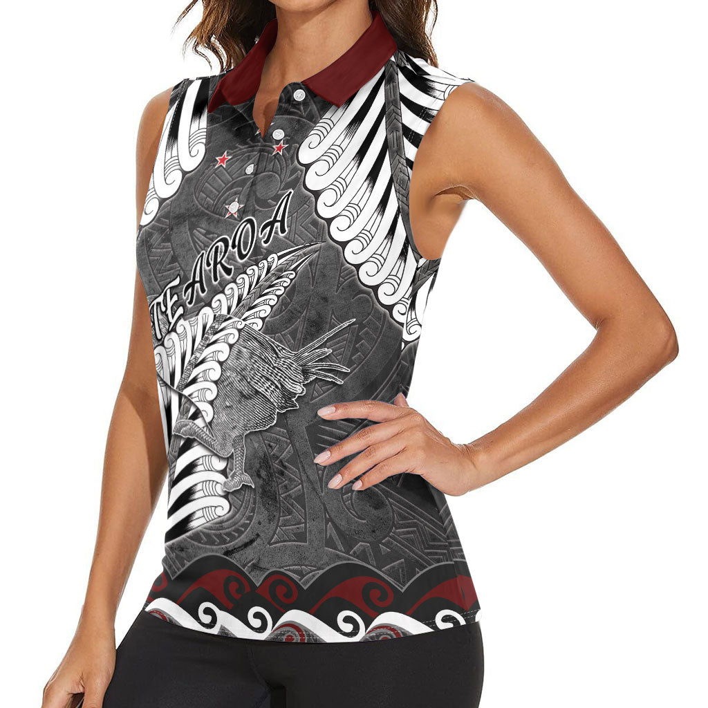 New Zealand Weka Personalised Women Sleeveless Polo Shirt Aotearoa Hen Silver Fern Maori Pattern