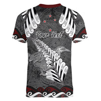 New Zealand Weka Personalised Women V-Neck T-Shirt Aotearoa Hen Silver Fern Maori Pattern