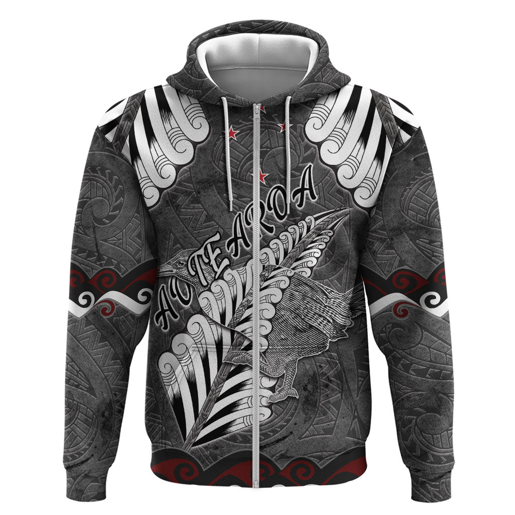 New Zealand Weka Personalised Zip Hoodie Aotearoa Hen Silver Fern Maori Pattern LT22 Zip Hoodie Black - Polynesian Pride