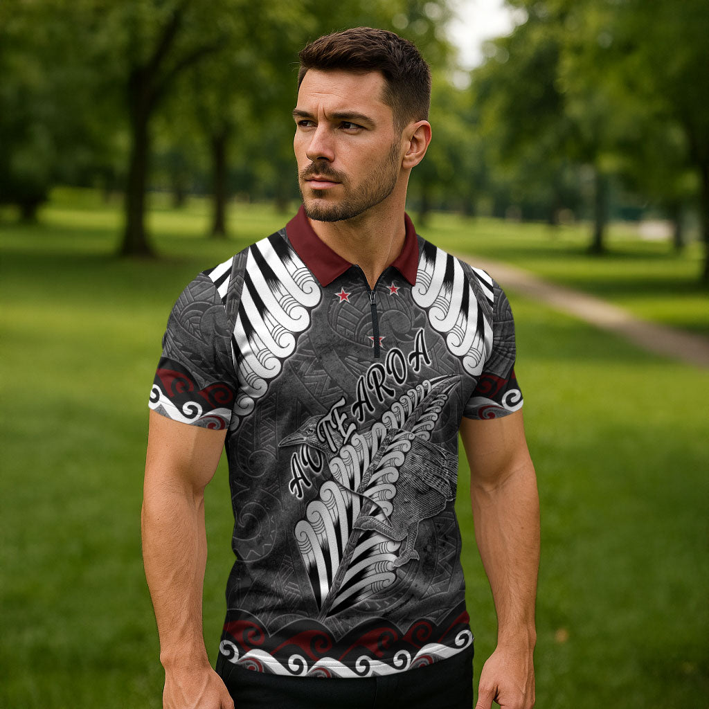 New Zealand Weka Personalised Zipper Polo Shirt Aotearoa Hen Silver Fern Maori Pattern
