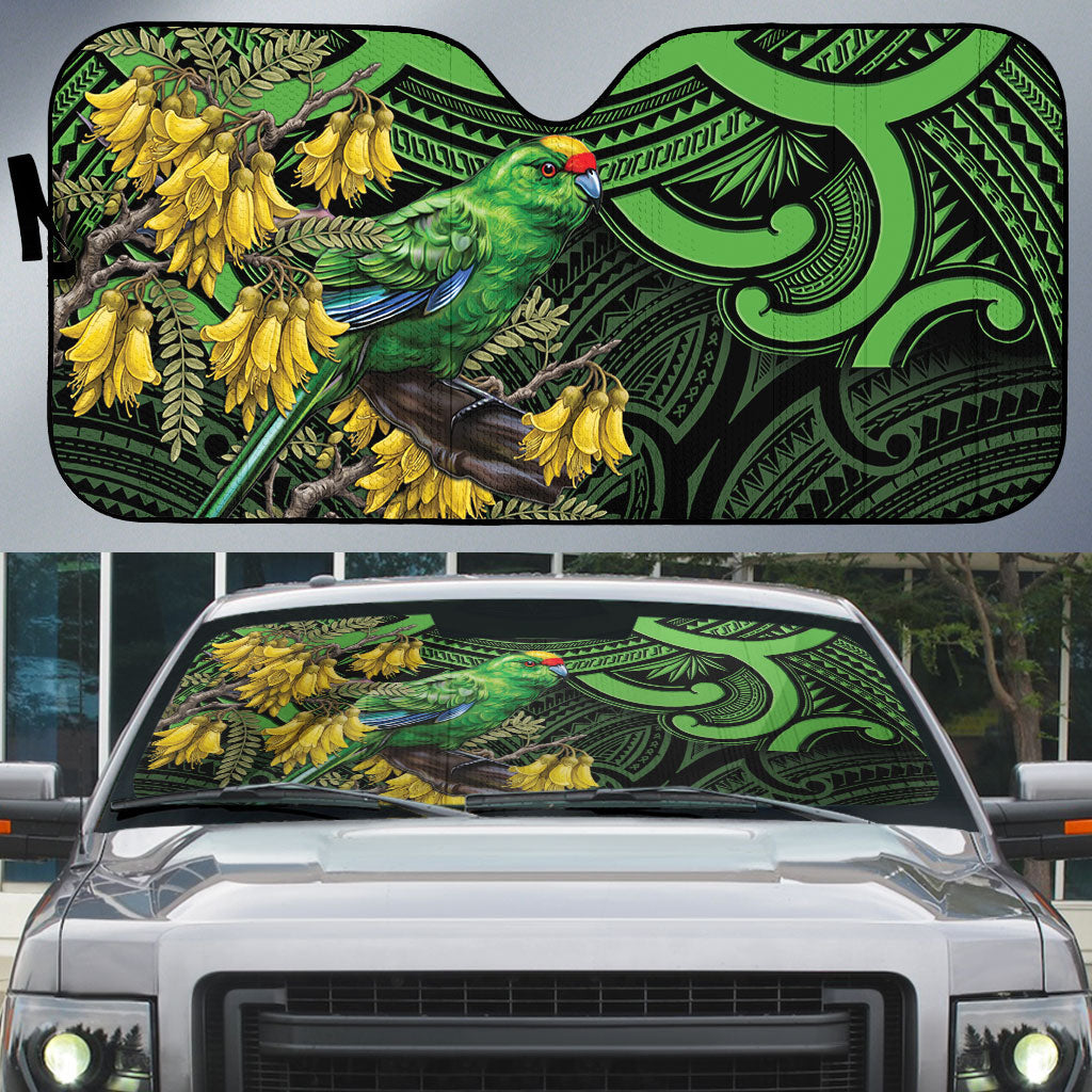 New Zealand Parakeet Bird Auto Sun Shade Maori Kakariki Kowhai Maori Pattern