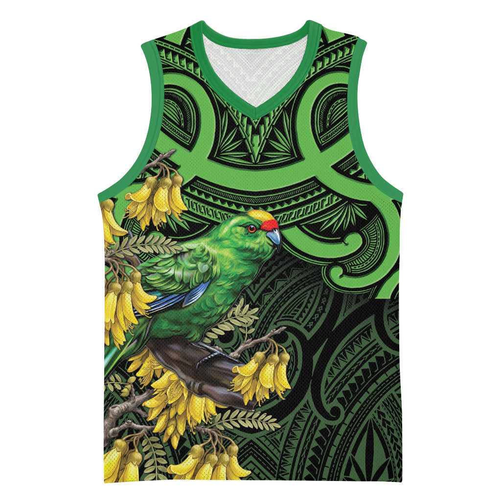 New Zealand Parakeet Bird Basketball Jersey Maori Kakariki Kowhai Maori Pattern